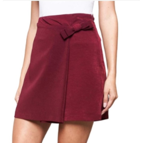 Sugar + Lips A-line Mini Skirt Bow Tie Accent Faux Wrap Burgundy Red Side Zip XS - Picture 6 of 6